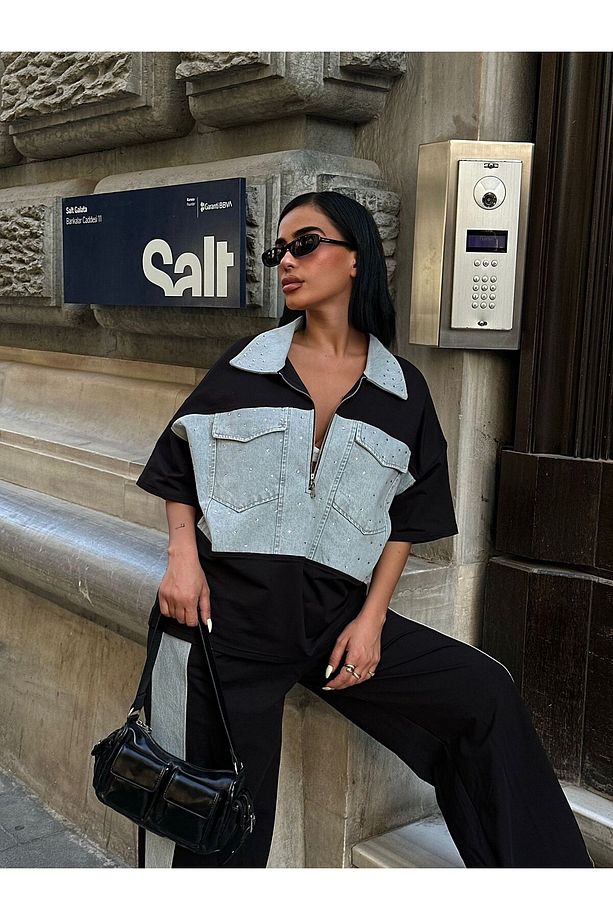 Kadın New York Model Kısa Kollu Rahat Kalıp Oversize Alt Üst Eşofman Takımı - 5