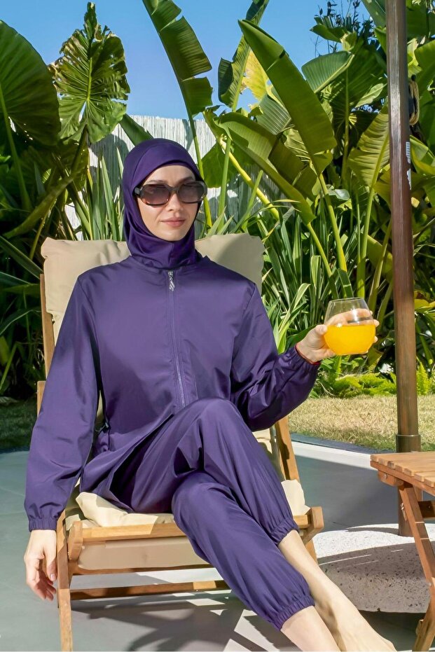 Purple Color Full Covered Water Repellent Fast Drying Side Adjustable Zippered Hijab Swimsuit