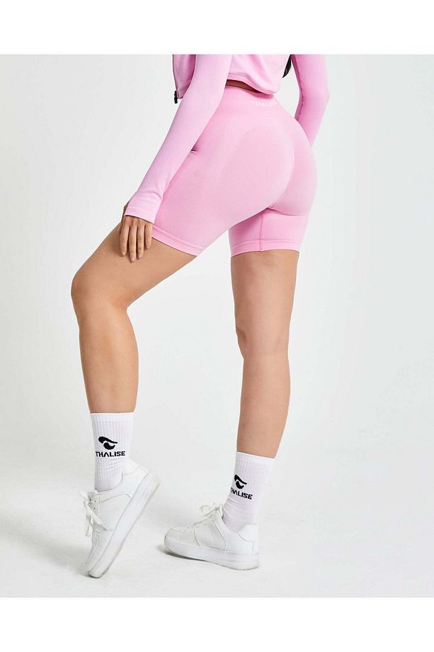 Yüksek Bel Scrunch Seamless Şort - Pembe - 5