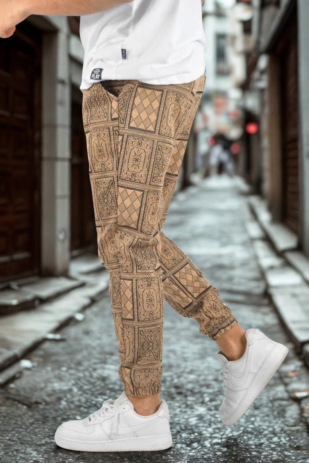 Erkek Günlük Desen Esnek Bol Camel Jogger Pantolon - 3