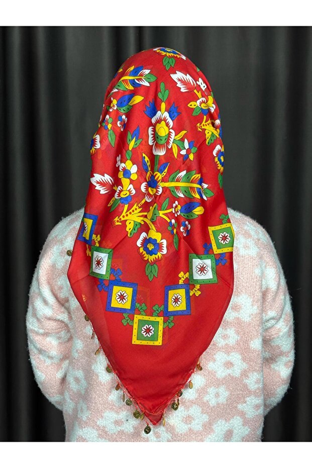 Çengelköy Desenli Kırmızı Pullu Yazma – Etnik Çiçekli Başörtüsü Çeyizlik ve Günlük - 1