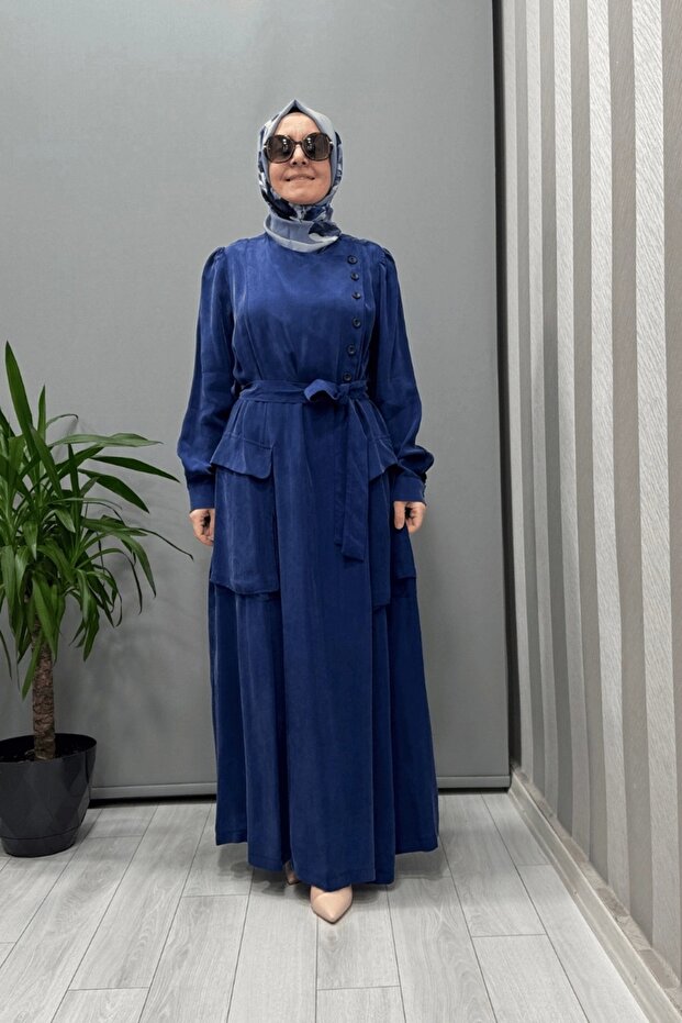 Cupra Silk Dress with Button and Pocket Detail Indigo 37805