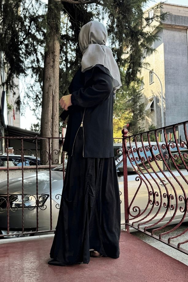 Keçe Yelekli Cupro İpek Elbise Siyah 36819 - 3