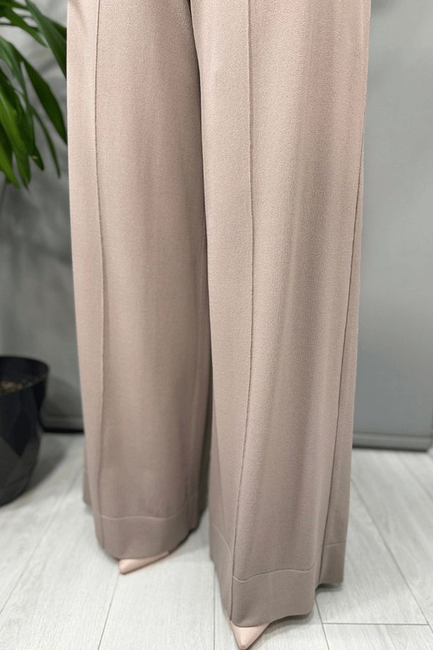 Önü Dikiş Detaylı Bol Paça Triko Pantolon Mink T25Y-7009 - 1
