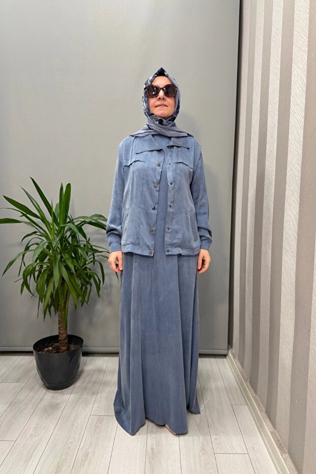 Yelekli Cupra İpek Elbise Mavi 202781 - 1