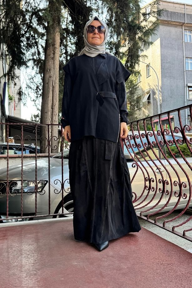 Keçe Yelekli Cupro İpek Elbise Siyah 36819 - 1