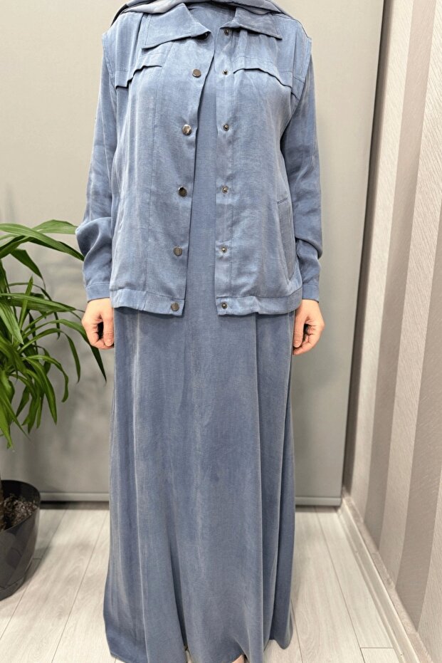 Yelekli Cupra İpek Elbise Mavi 202781 - 4