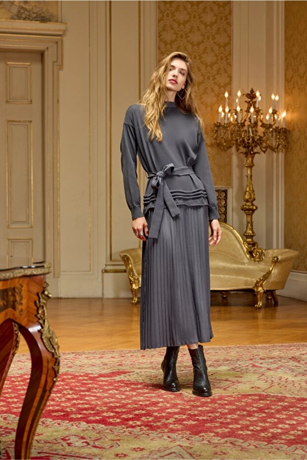 Pliseli Triko Elbise 36813 Gri - 1