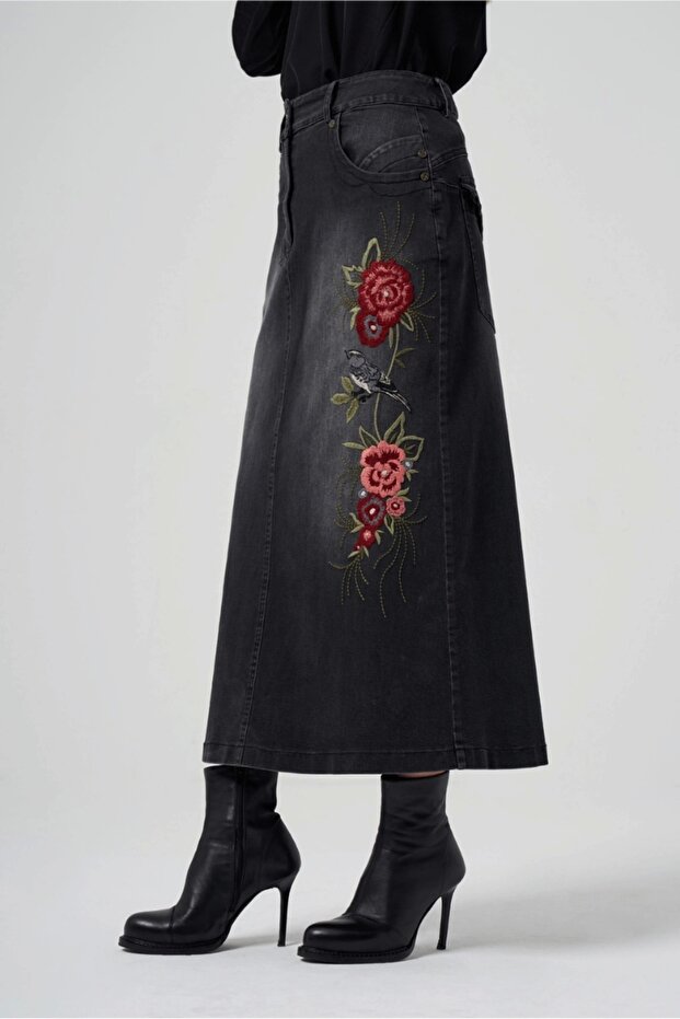 Nakışlı Kot Etek - 3