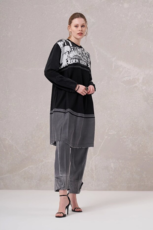 تونيك قطن ممشط مطبوع باللون الأسود - 35002 - 2