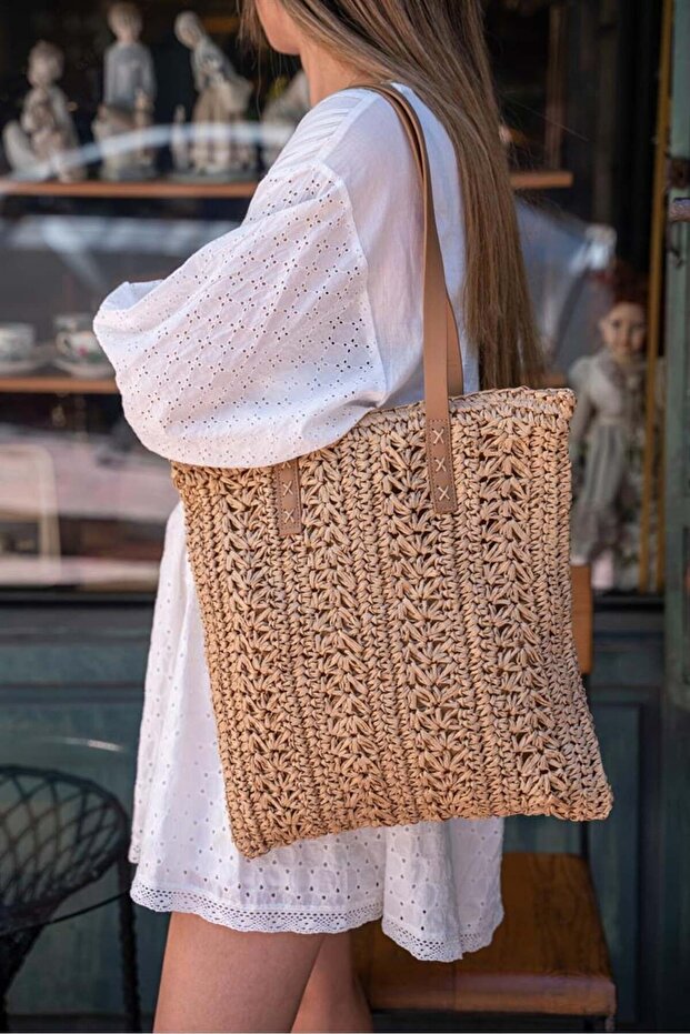 Leather Handle, Zippered Inner Pocket, Square Weave Summer Beach Beachwear Straw Weave Imported Bag