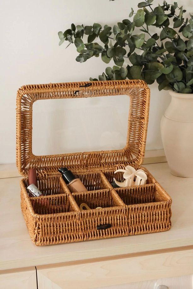Mathilda - Rattan 6 Bölmeli Kapaklı Saklama Kutusu,Düzenleyici, Organizer, Takı Kutusu - 4