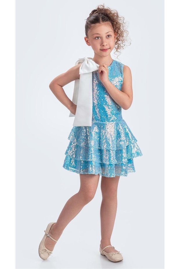 Collar Bow Sparkly Sequin Fabric Girls Evening Dress M00702 Blue