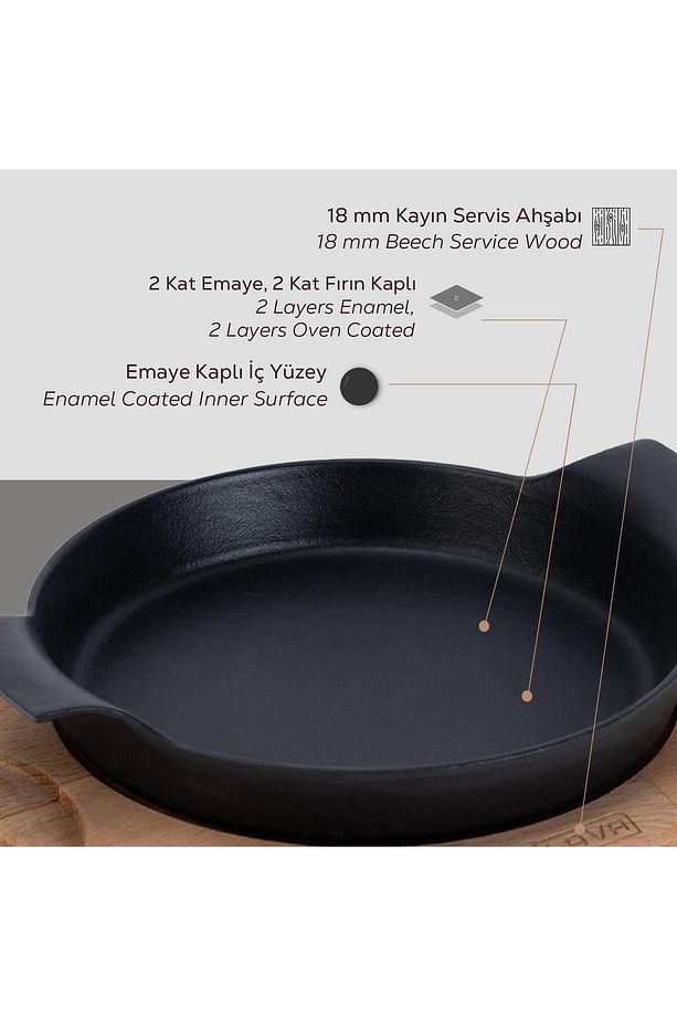 Döküm Yuvarlak Sahan Döküm Demir Yekpare Çift Kulplu Kayın Servis Ahşabı. Çap(Ø)18cm. - 6