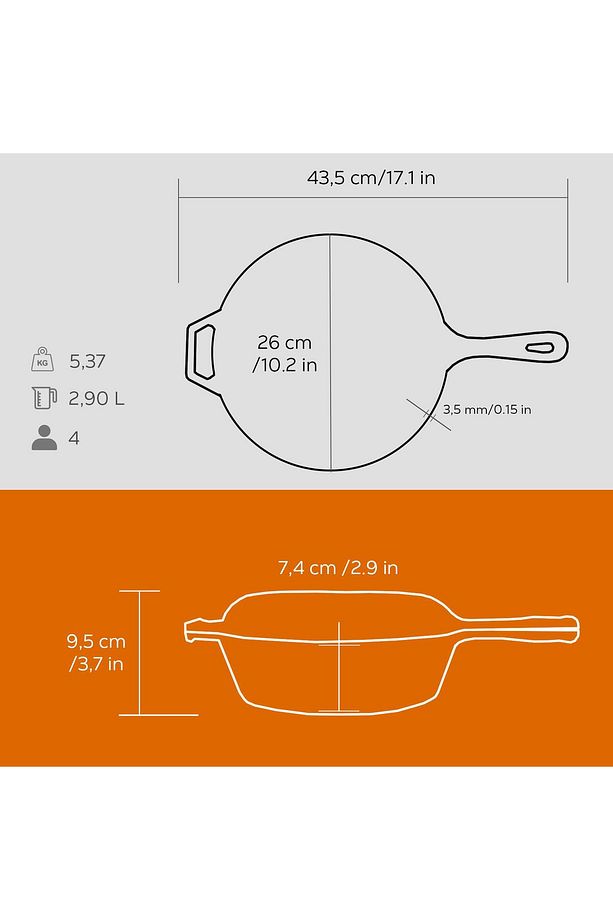 Döküm Combo Derin Yuvarlak Kızartma Tavası Döküm Demir Yekpare Saplı Çap(Ø)26cm. - 5