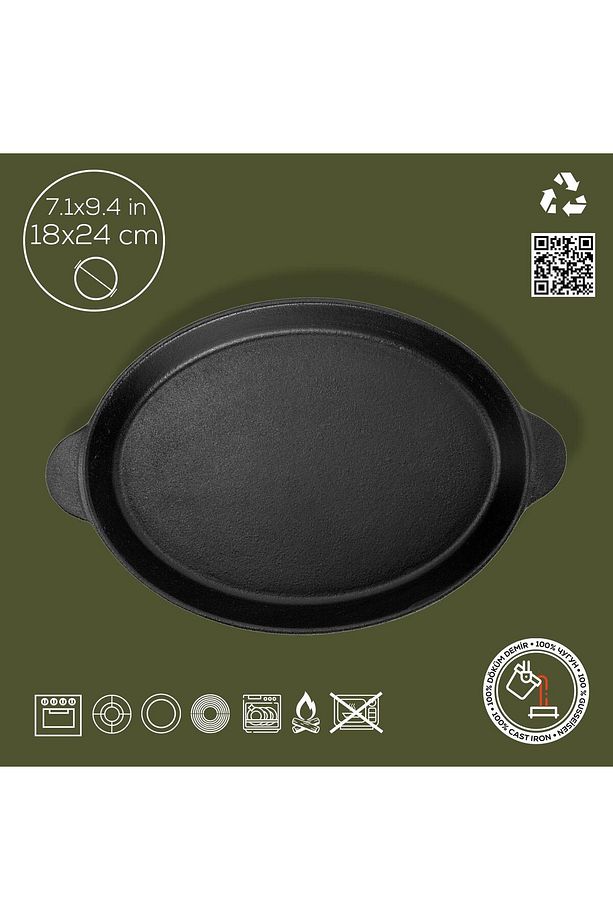Döküm Oval Fajita Tabağı Döküm Demir Yekpare Çift Kulplu Ölçü 18x24cm. - 2