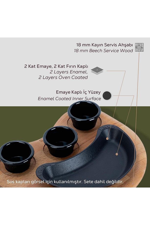 Döküm Böbrek Formlu Fajita Tabağı Kayın Servis Ahşabı Ölçü 10x20cm. (sos Kapları Dahil Değildir - 4