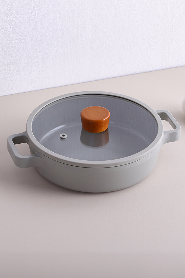 وعاء فيكا السيراميك المسطح بغطاء زجاجي 26 سم - رمادي