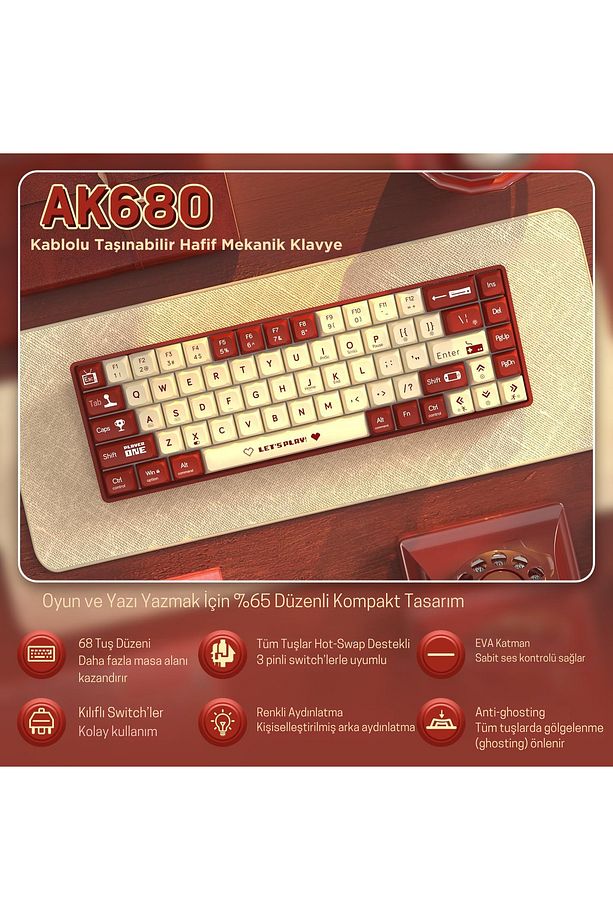 AK680 Kablolu Red Switch Mekanik Klavye-Rainbow Aydınlatma Hot-Swap - 3