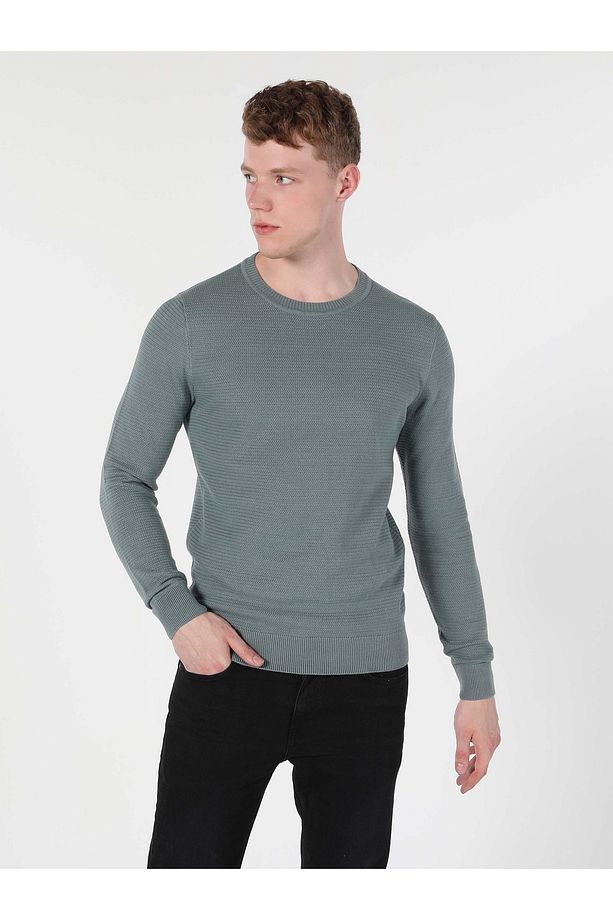 Regular Fit Yuvarlak Yaka Jakarlı Erkek Yeşil Kazak - 4