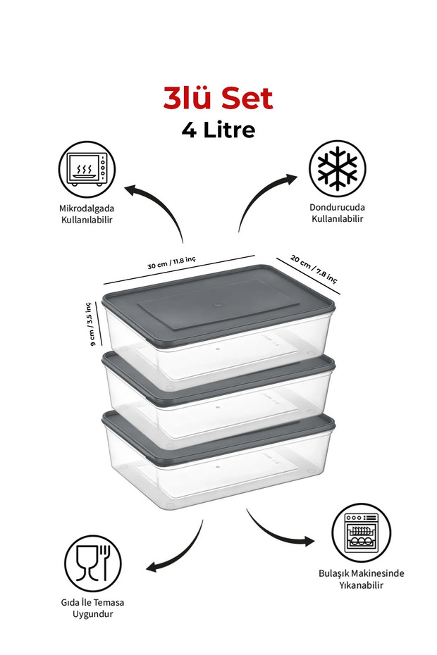 Mikrodalga Ve Derin Dondurucuya Uygun Freshkeep Saklama Kabı 3'lü Set - Gri / 3*4000 ml - 1