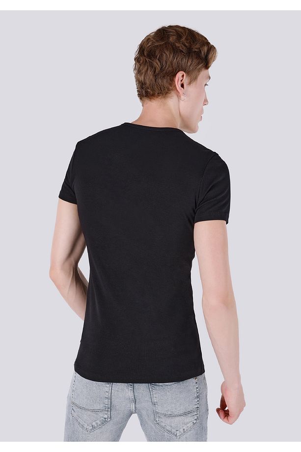 Slim Fit Placket Neck Düz Erkek Siyah Kısa Kol Tişört - 2