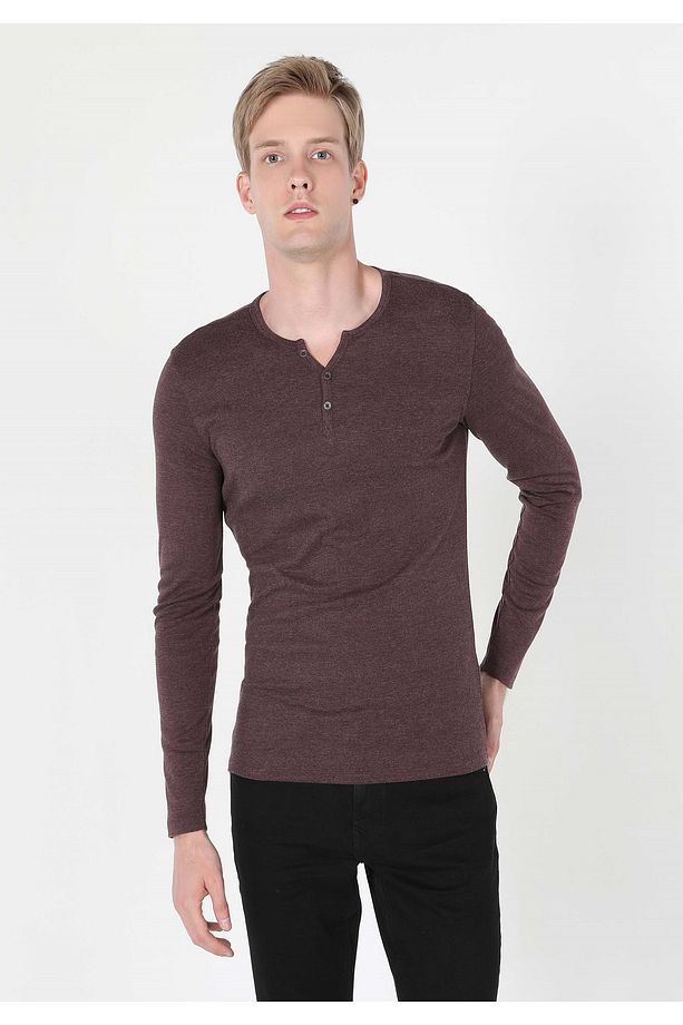 Slim Fit Placket Neck Düz Erkek Mor Uzun Kol Tişört - 4