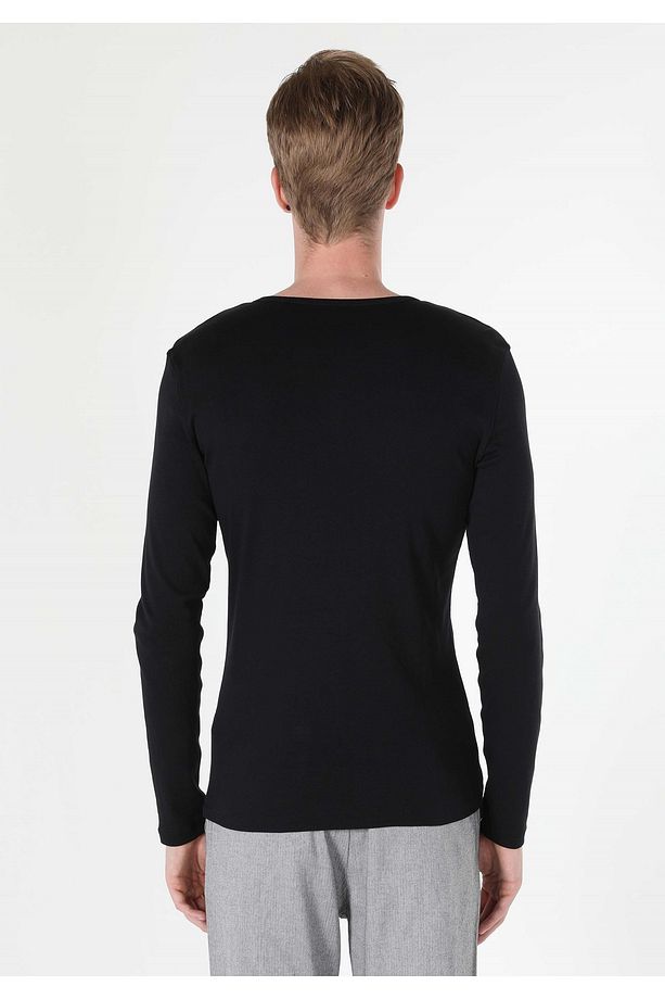 Slim Fit Placket Neck Düz Erkek Siyah Uzun Kol Tişört - 2
