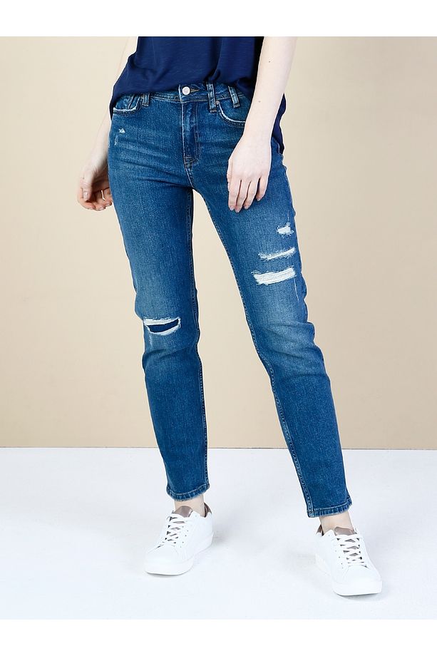 Slim Fit Orta Bel Daralan Paça Kadın Indigo Jean Pantolon - 4