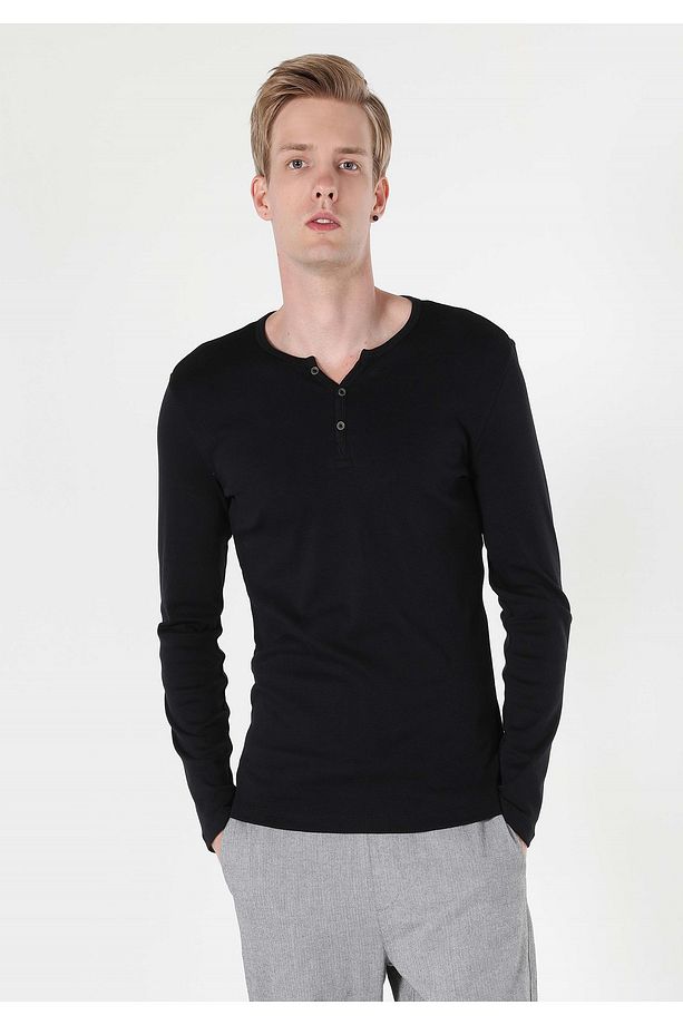 Slim Fit Placket Neck Düz Erkek Siyah Uzun Kol Tişört - 4