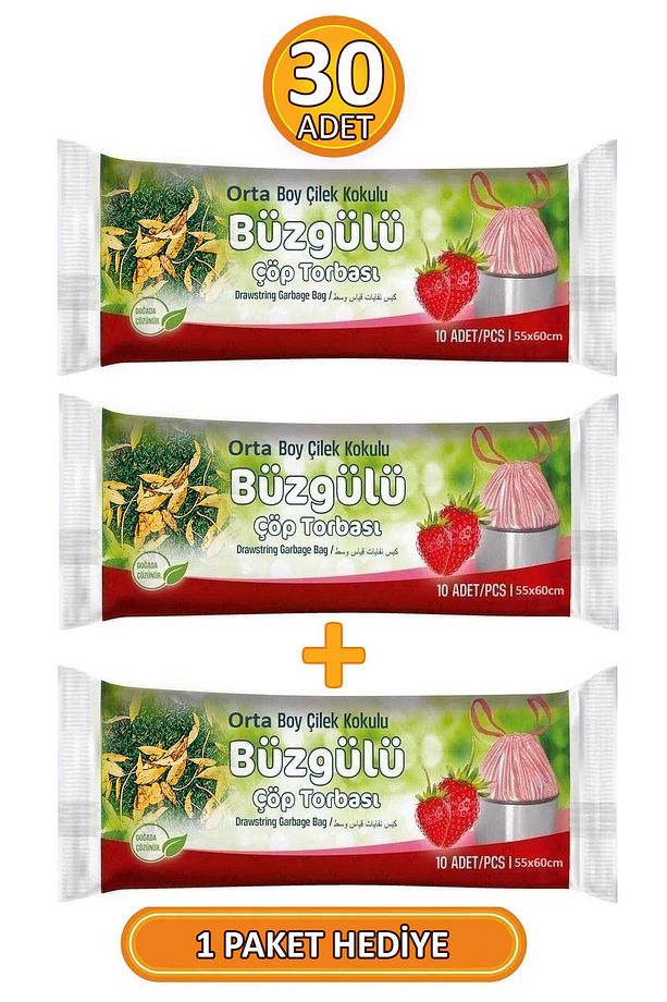 Orta Boy Çilek Kokulu Büzgülü 55x60 Cm Çöp Poşeti Torbası 3 Paket - 30 Adet - 2