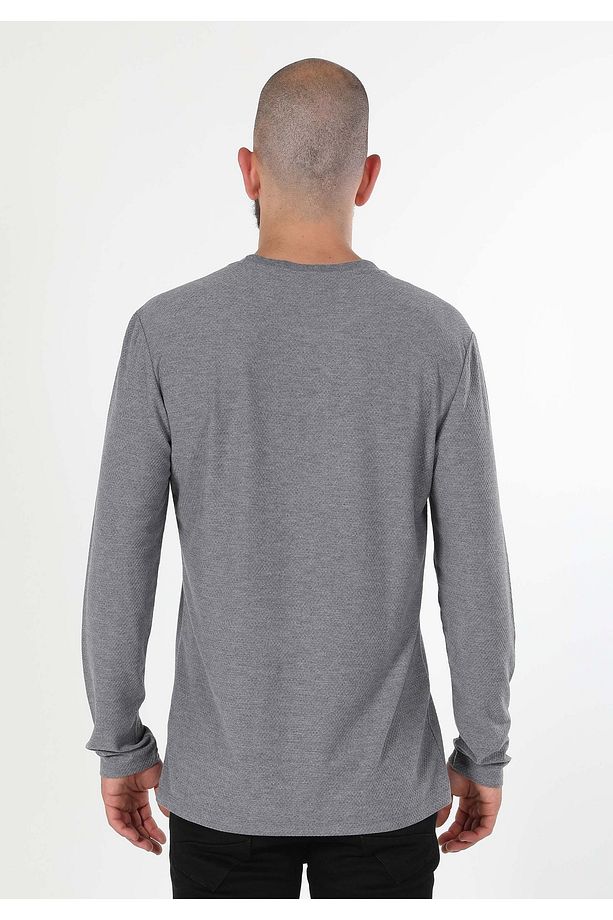 Regular Fit Bisiklet Yaka Erkek Gri Melanj Uzun Kol Tişört - 2
