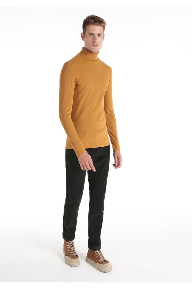 Slim Fit Yarım Balıkçı Yaka Düz Erkek Sari Uzun Kol Tişört - 3
