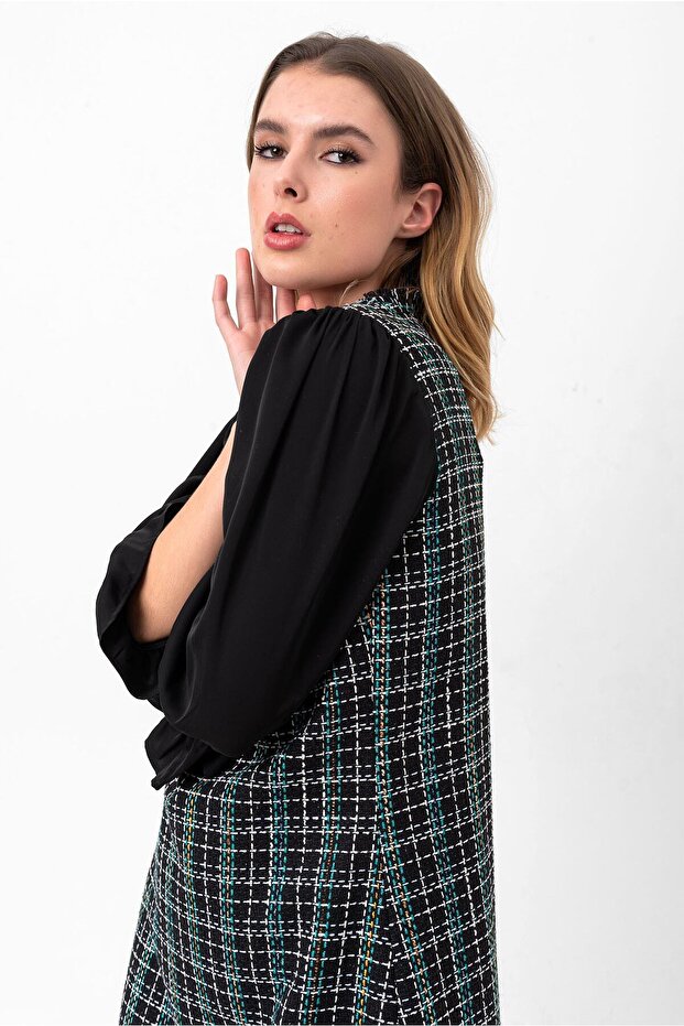 Ekose Desenli Mini Elbise - 3