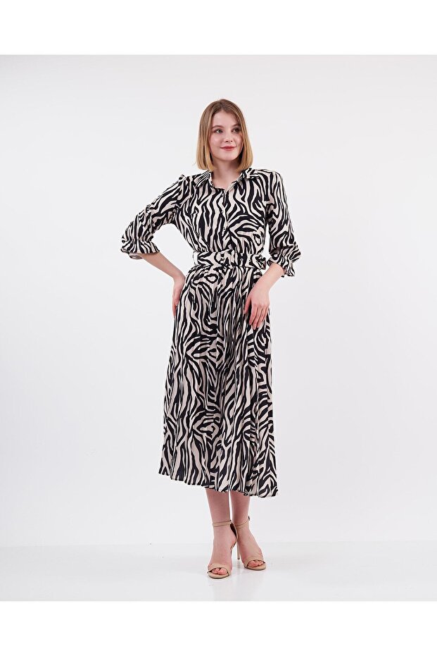 Desenli Piliseli Elbise - 1