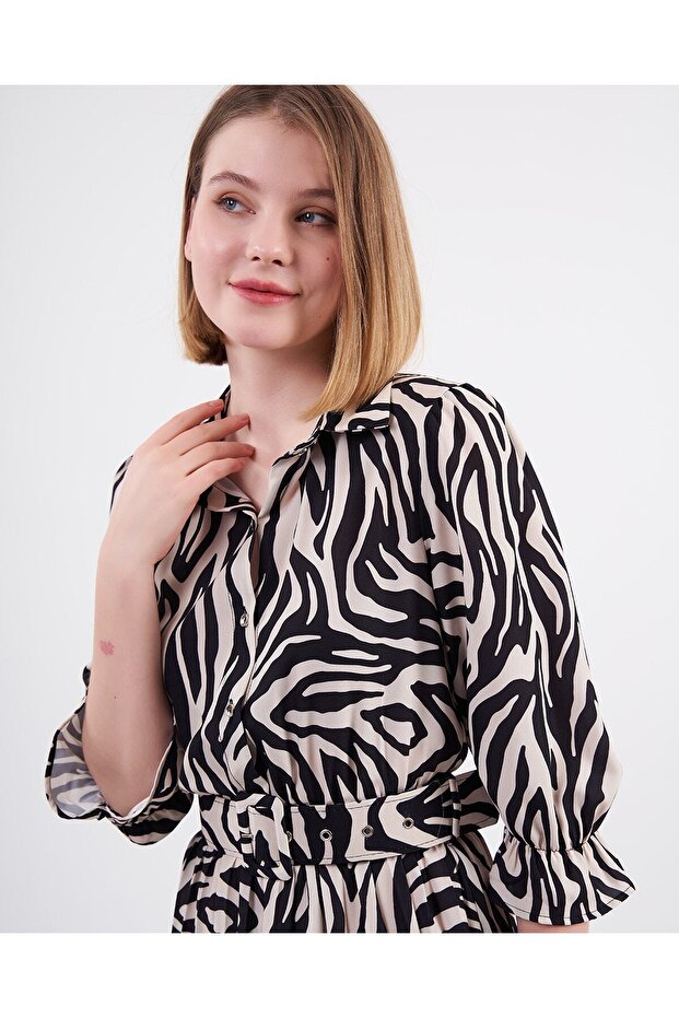 Desenli Piliseli Elbise - 4