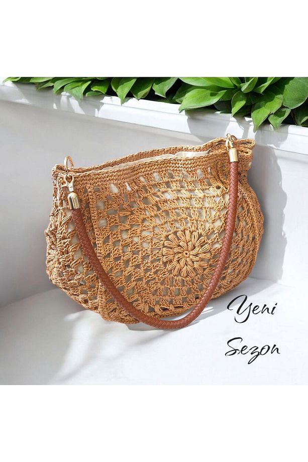 El Yapımı Motifli Kağıt Ip Orta Boy Hasır Çanta 45*30 Cm - 1