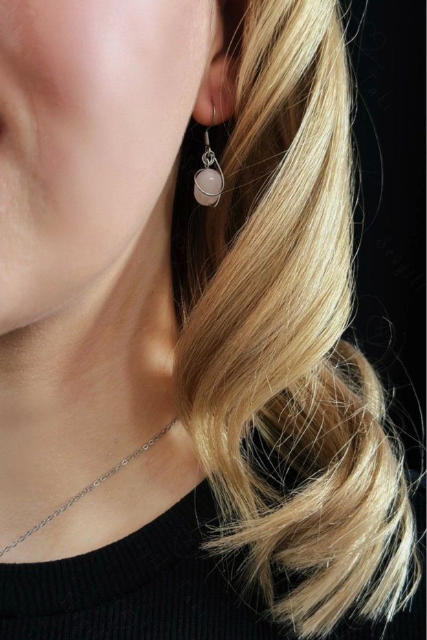 Pink Quartz Natural Stone Steel Earrings | Autumn Series