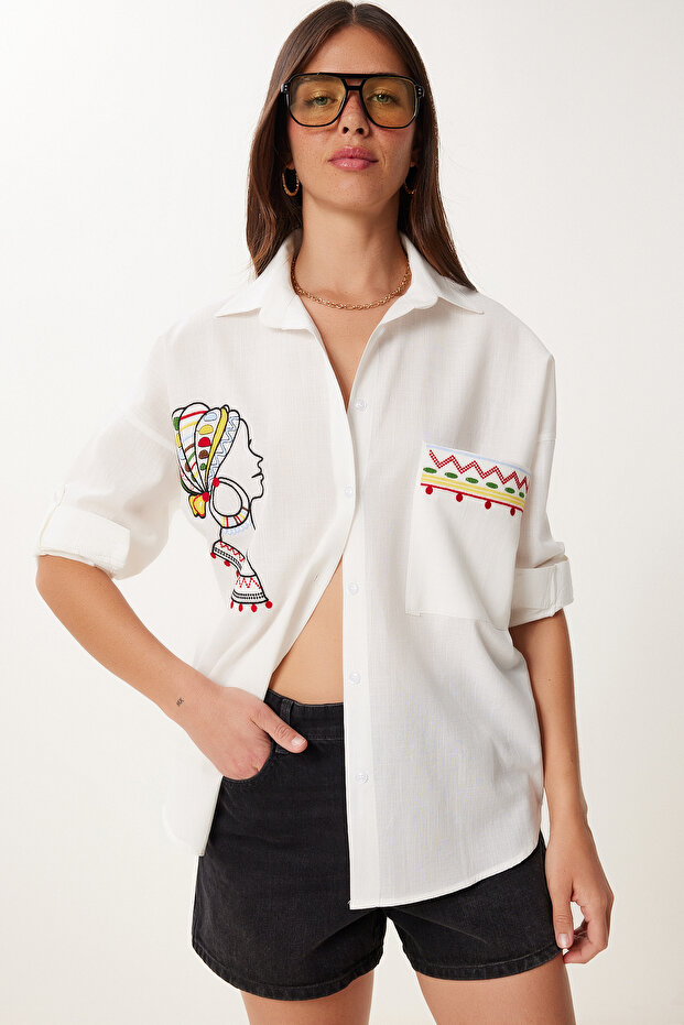 Embroidery Detailed Oversize Linen Shirt Ecru Lde0007