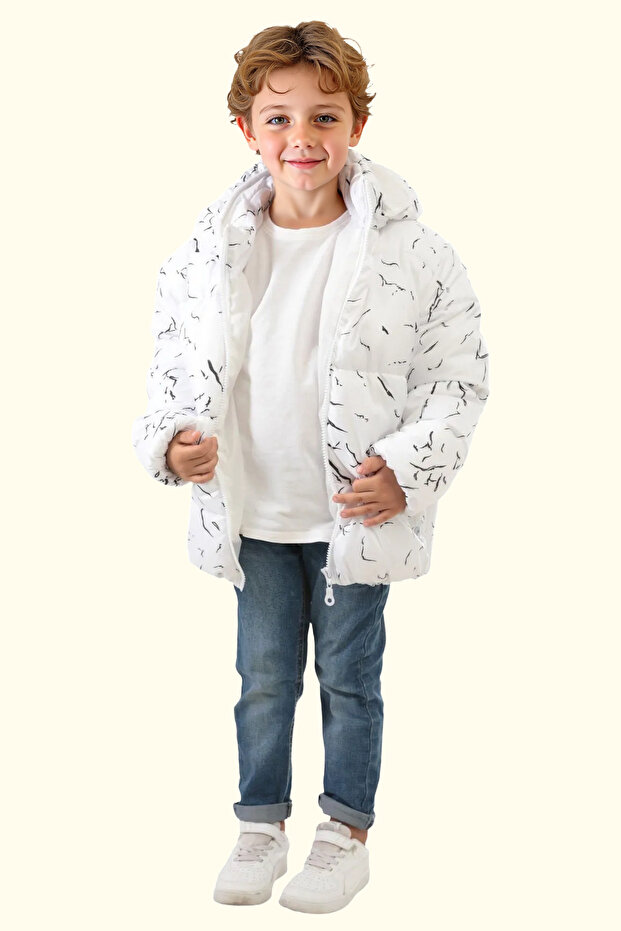 Boys White Removable Hooded Water & Windproof Winter Puffer Jacket & Coat & Parka with Pockets