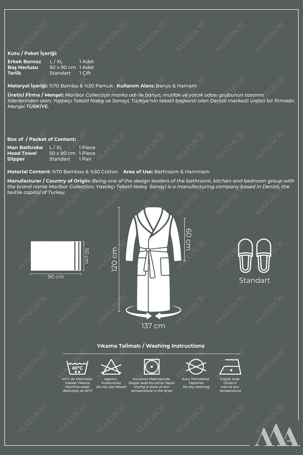HAKI - Erkek Bambu Bornoz Seti - 3 Parça - 4