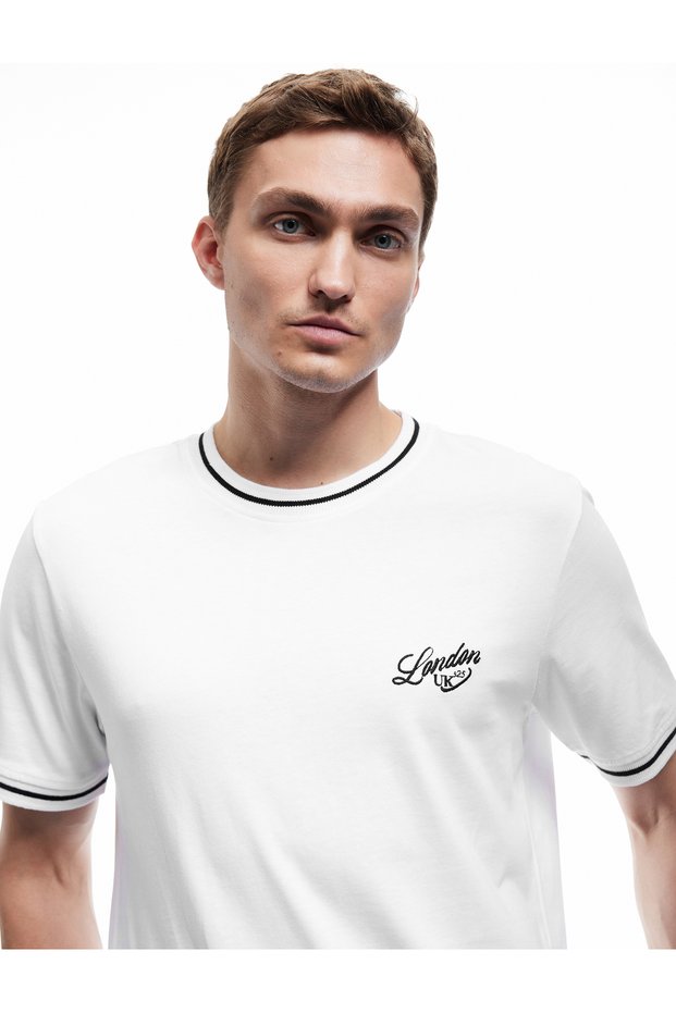Cotton Short Sleeve Bias Embroidered Regular Fit Crew Neck T-Shirt