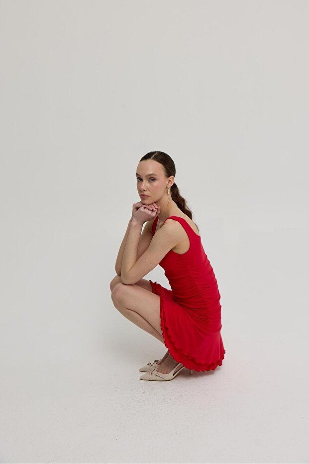Women's Red Thick Strap Dress with Shirring Detail on the Sides