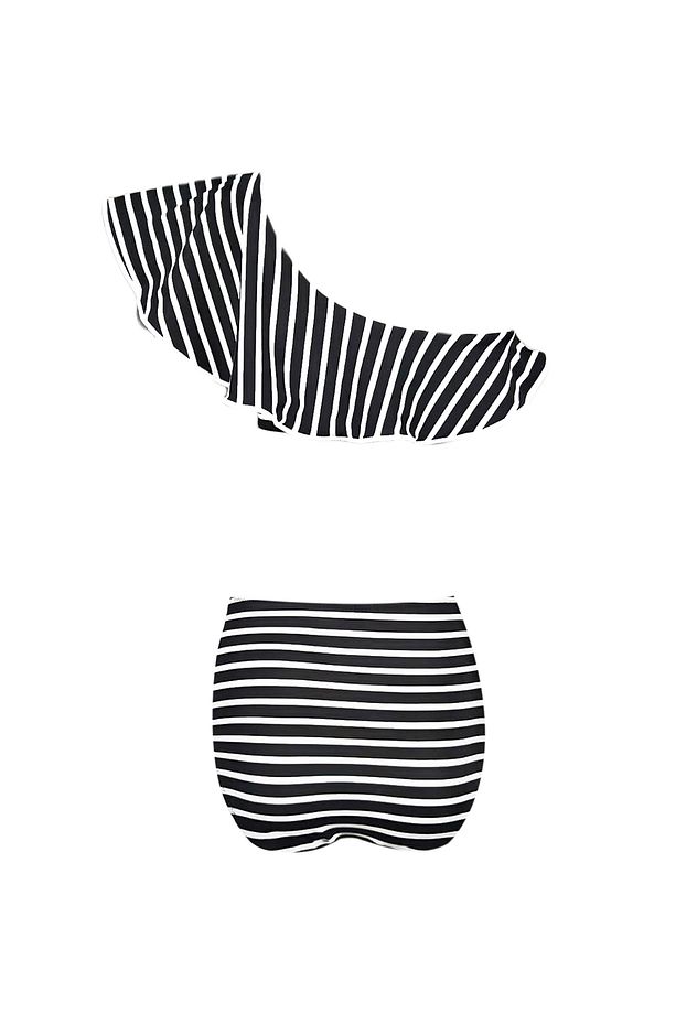 Tek Omuz Çizgili Fırfır Yüksek Bel 50UV Kız Çocuk Bikini Takımı by Nessi Byrd - 2