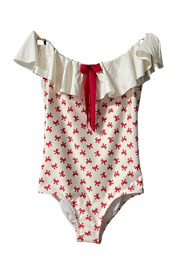 Boat Neck Bow Patterned 50Uv Girls Swimsuit by Nessi Byrd