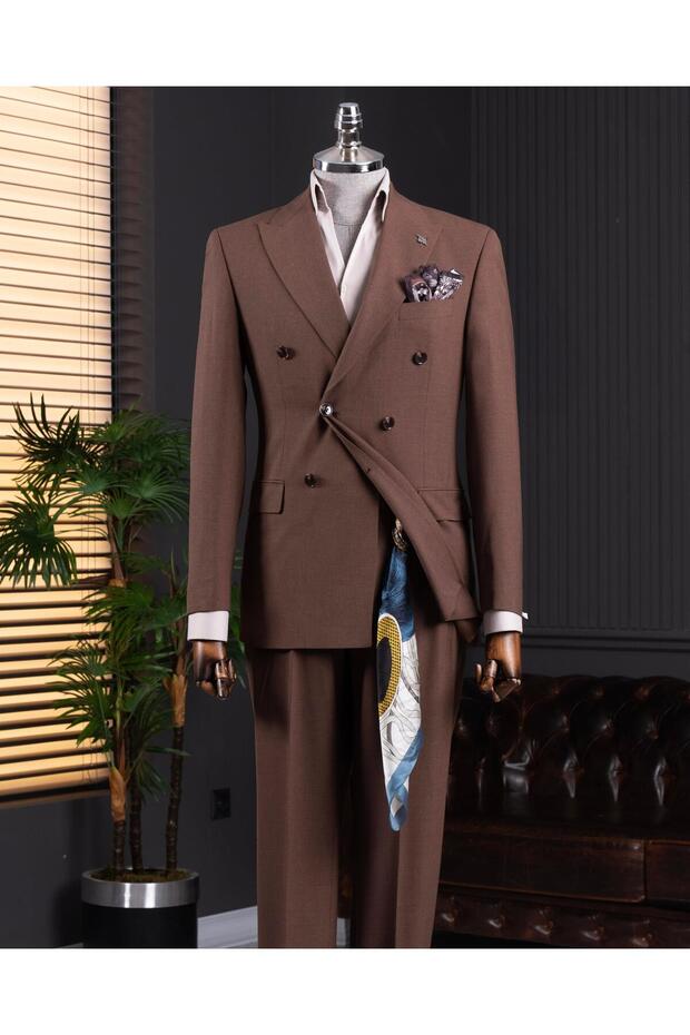 Italian Style Double Breasted Jacket Pants Suit Brown T14114