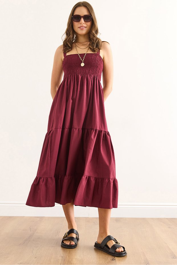 Women's Burgundy Strap Gipeli Midi Knitted Dress Elb-19002452