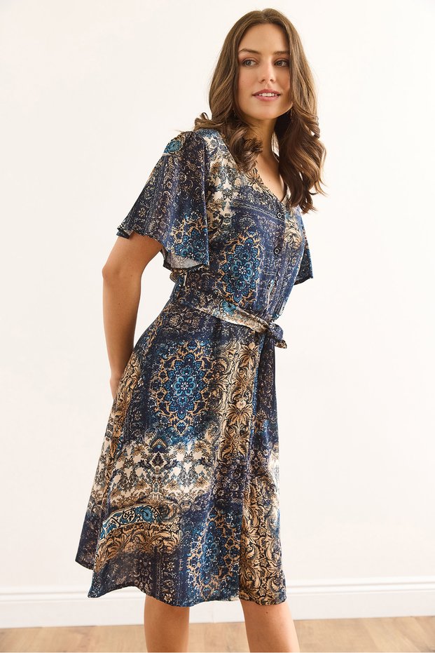 Women's Patch Detail Navy V-Neck Belted Woven Mini Shirt Dress ELB-19002380