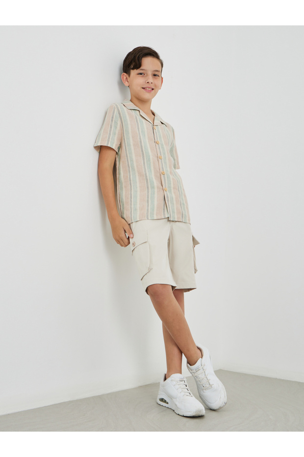 Boys Solid Flat Front Shorts with Cargo Pockets - 2
