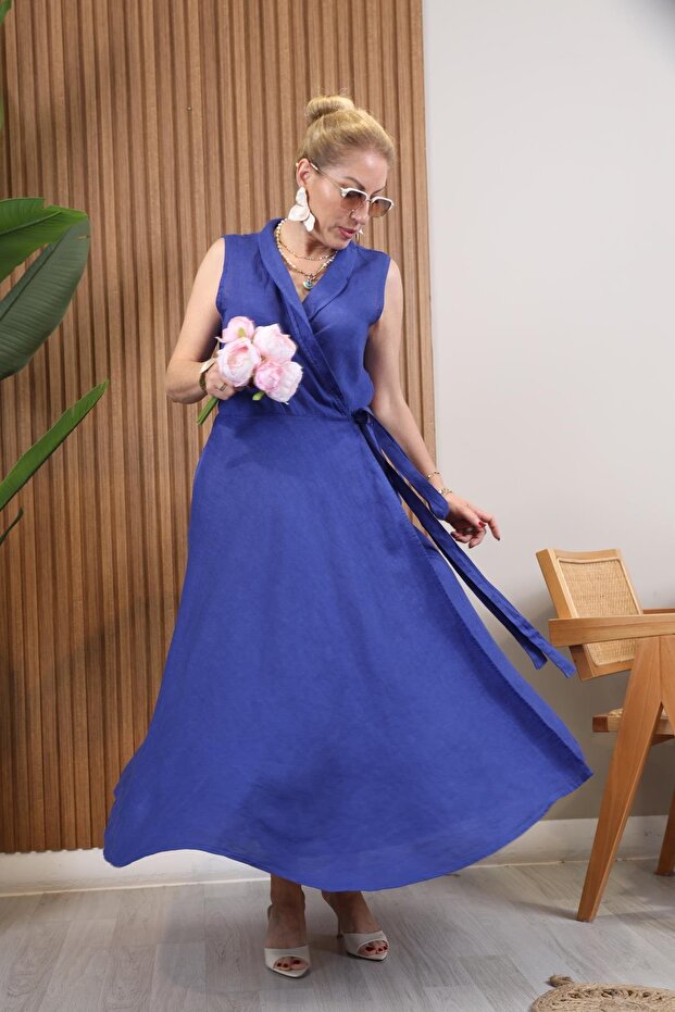 İthal Keten Bağlama Detay Çivit Mavisi Elbise - 6